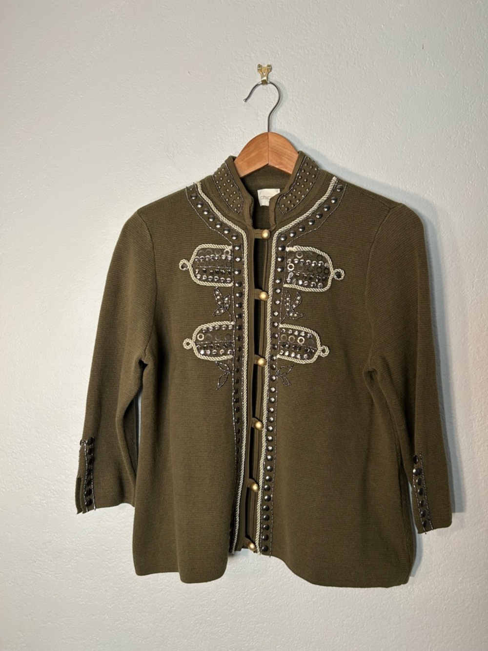 Chico's Olive Embellished Military-Style cotton Knit Jacket